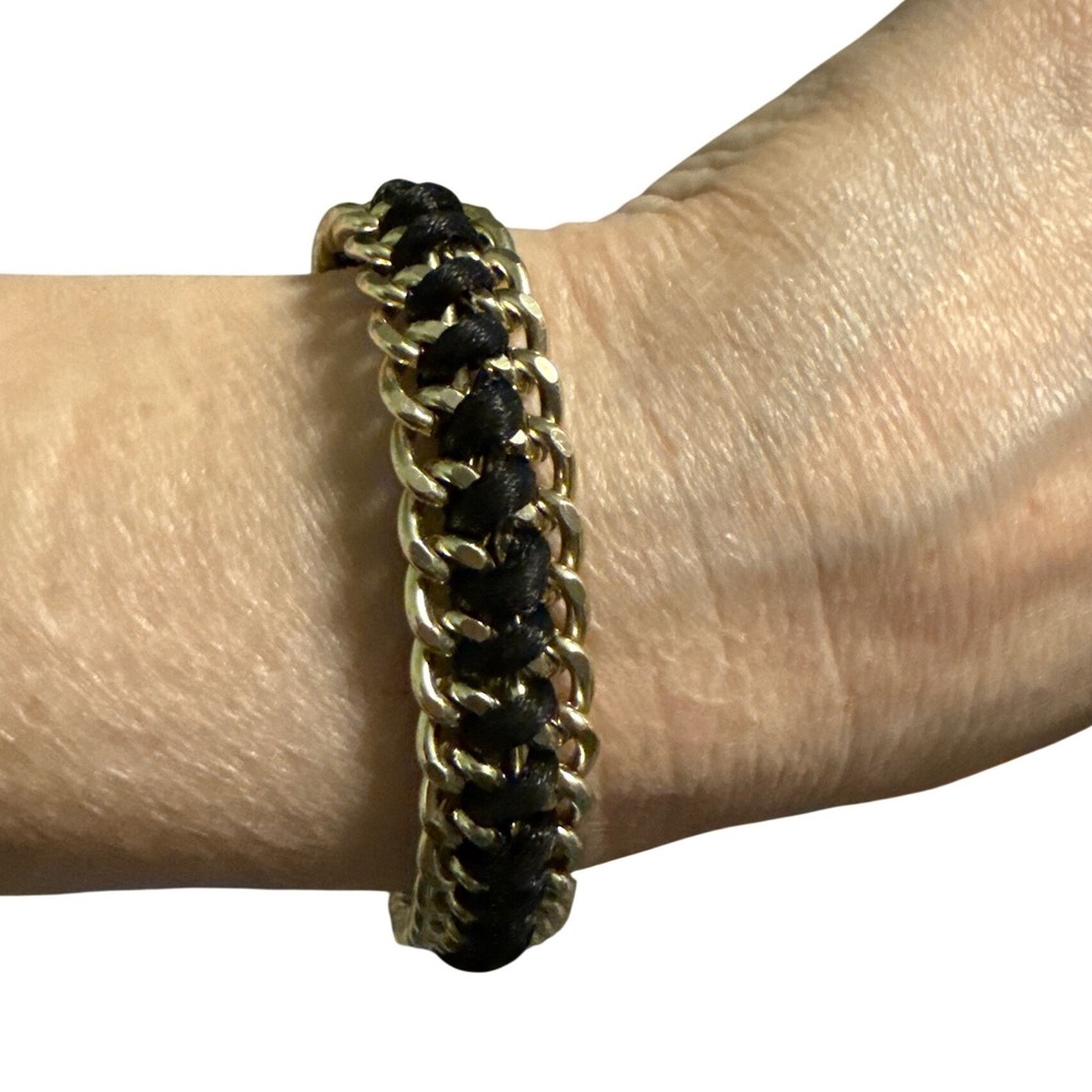 Silver Curb Chain‎ Woven Black Cord Adjustable Sliding Knot Bracelet Women